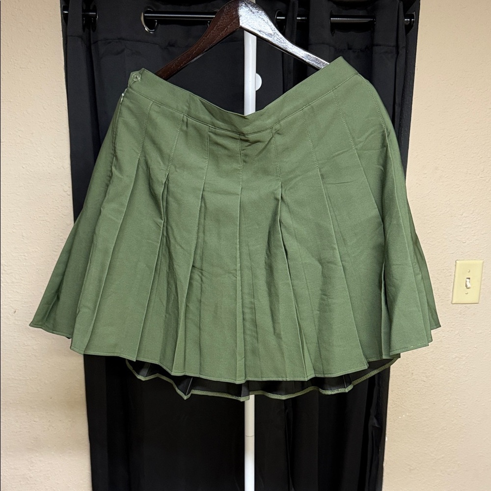 Olive Green Pleated Women's Skirt has shorts